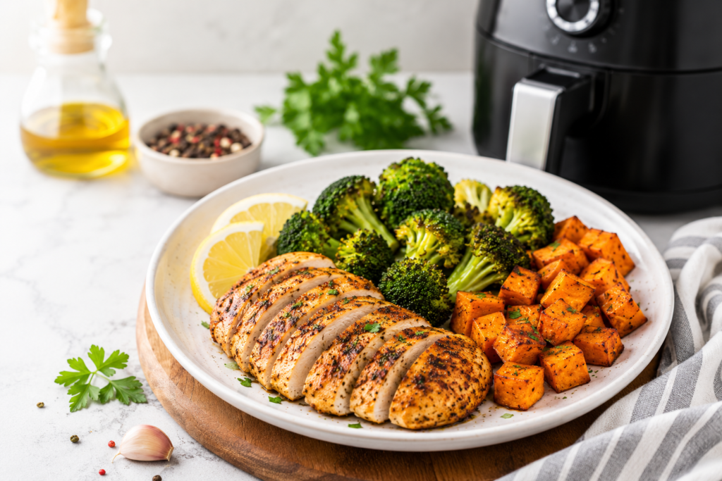 Healthy air fryer chicken breast with roasted broccoli and sweet potatoes, high protein healthy meal for weight loss